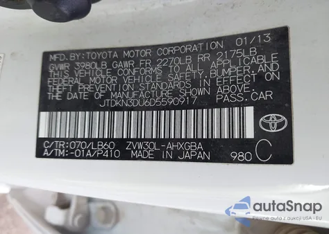 2013 Toyota Prius Four z USA, uszkodzony, nr VIN JTDKN3DU6D5590917